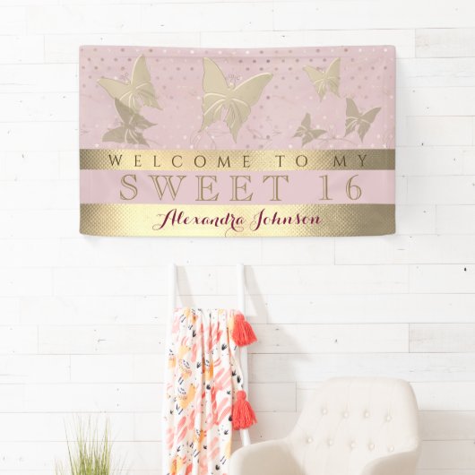ピンクと金ゴールドスウィート16誕生日 横断幕 (インサイチュ)