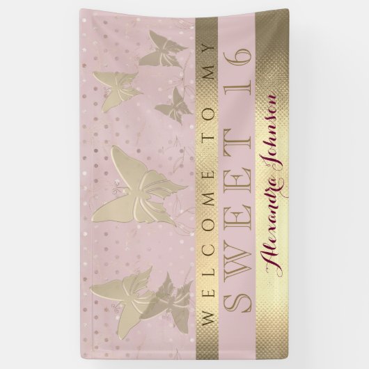 ピンクと金ゴールドスウィート16誕生日 横断幕 (縦)