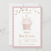ピンクと金ゴールドスターズ1歳の誕生日招待状 招待状 (正面)