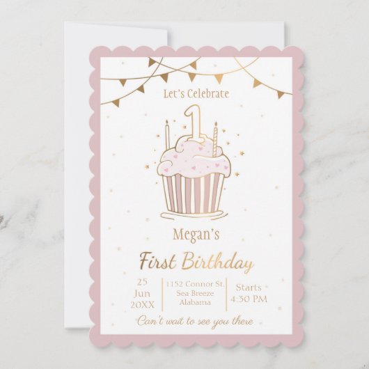 ピンクと金ゴールドスターズ1歳の誕生日招待状 招待状 (正面)