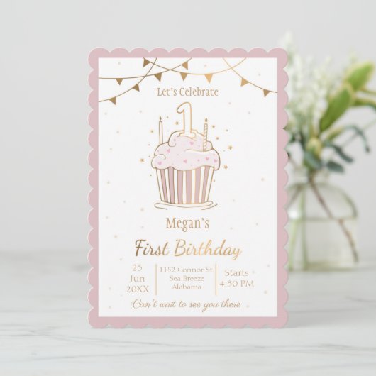 ピンクと金ゴールドスターズ1歳の誕生日招待状 招待状 (スタンド正面)