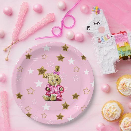 ピンクと金ゴールドスターズ&バニー紙プレート ペーパープレート (パーティー)