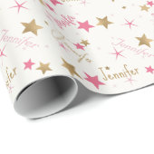 ピンクと金ゴールドスター名前をカスタムする誕生日 ラッピングペーパー (ロールコーナー)