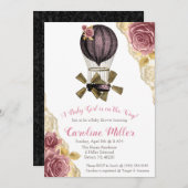 ピンクと金ゴールドスチームパンク熱気球シャワー 招待状 (正面/裏面)