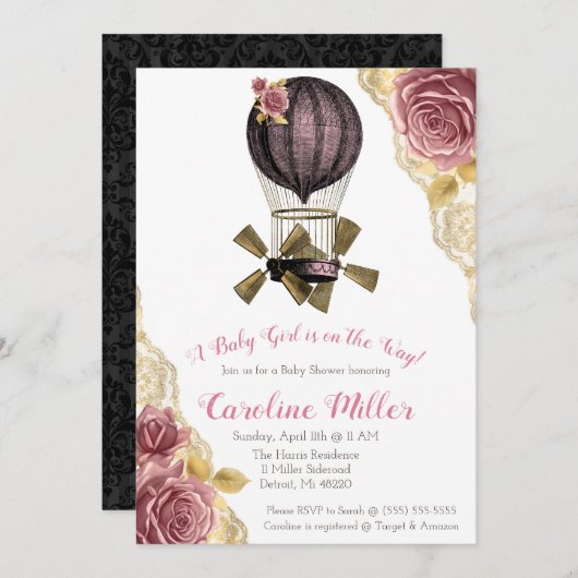 ピンクと金ゴールドスチームパンク熱気球シャワー 招待状 (正面/裏面)