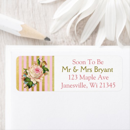 ピンクと金ゴールドストライプのバラ差出人住所ラベル ラベル (インサイチュ)