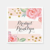 ピンクと金ゴールドストライプの紙吹雪結婚フローラ スタンダードカクテルナプキン (正面)