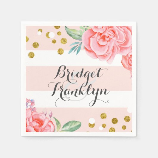 ピンクと金ゴールドストライプの紙吹雪結婚フローラ スタンダードカクテルナプキン (正面)