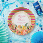 ピンクと金ゴールドストライプメタリックの花模様結婚付き ペーパープレート (パーティー)