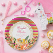 ピンクと金ゴールドストライプメタリックの花模様結婚付き ペーパープレート (パーティー)