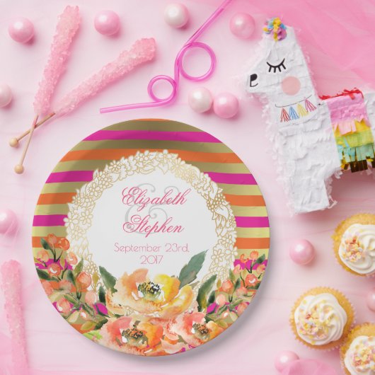 ピンクと金ゴールドストライプメタリックの花模様結婚付き ペーパープレート (パーティー)