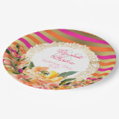 ピンクと金ゴールドストライプメタリックの花模様結婚付き ペーパープレート (アングル)