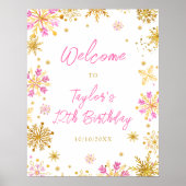 ピンクと金ゴールドスノーフレーク誕生日パーティーへようこそ ポスター (正面)