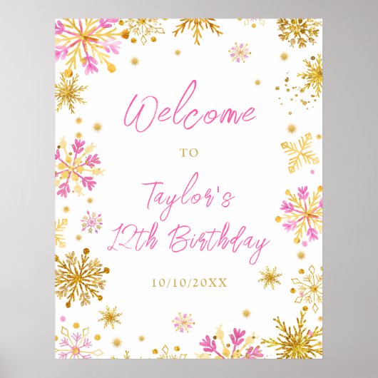 ピンクと金ゴールドスノーフレーク誕生日パーティーへようこそ ポスター (正面)