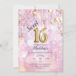 ピンクと金ゴールドスパークルスウィート16誕生日 招待状
