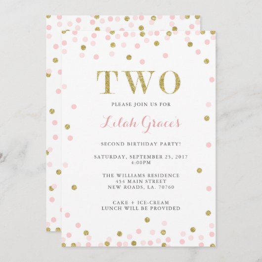 ピンクと金ゴールドセカンド誕生日招待状 招待状 (正面/裏面)