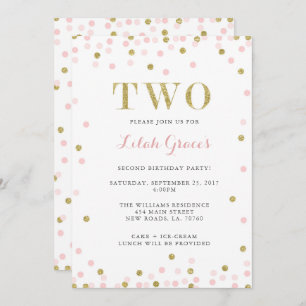 ピンクと金ゴールドセカンド誕生日招待状 招待状