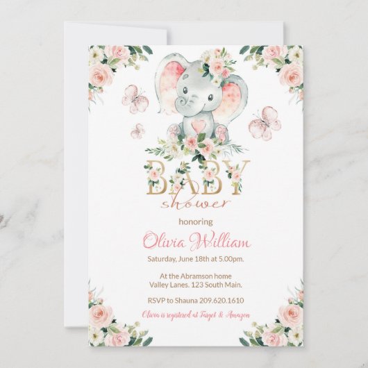 ピンクと金ゴールドゾウ赤ちゃんシャワー招待状 招待状 (正面)