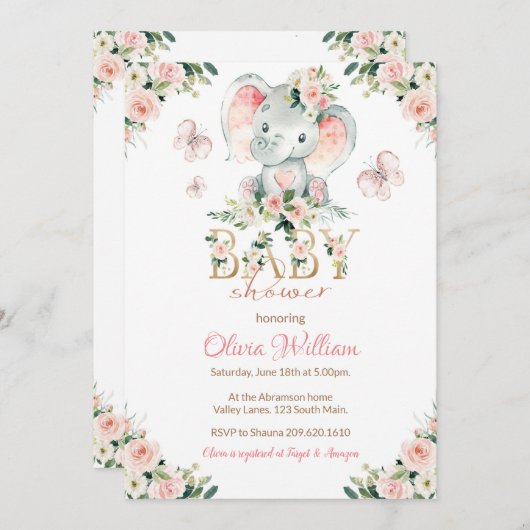 ピンクと金ゴールドゾウ赤ちゃんシャワー招待状 招待状 (正面/裏面)