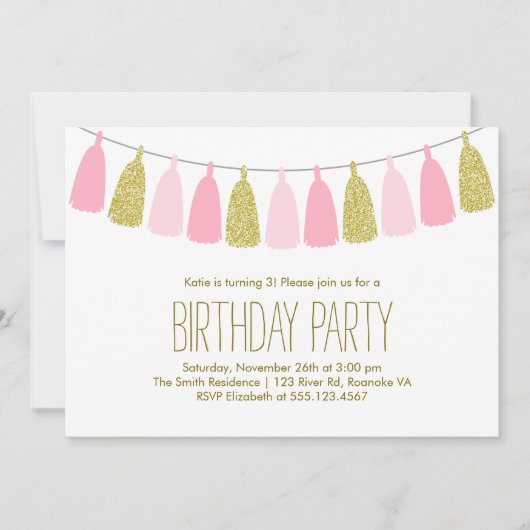ピンクと金ゴールドタッセルガーランド誕生日パーティー 招待状 (正面)