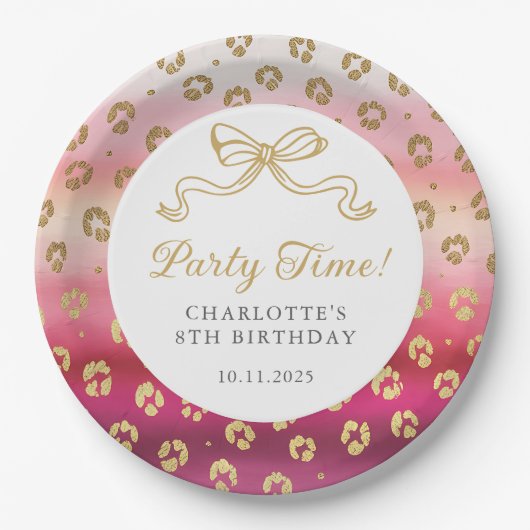 ピンクと金ゴールドチータヒョウ誕生日パーティー ペーパープレート (正面)