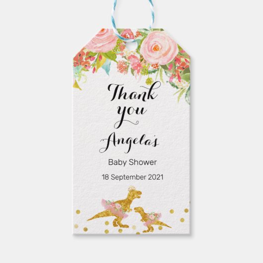 ピンクと金ゴールドディーノモダンサンキューラベル ギフトタグ (正面)