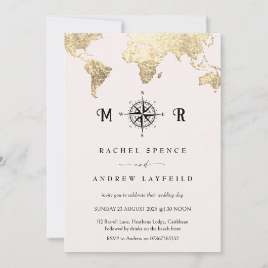 ピンクと金ゴールドトラベルマップ結婚式招待状 招待状 (正面)