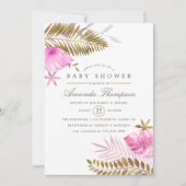 ピンクと金ゴールドトロピカル葉ガールベビーシャワー 招待状 (正面)
