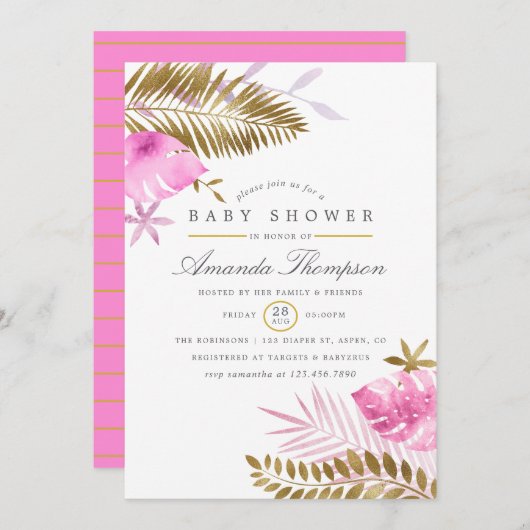 ピンクと金ゴールドトロピカル葉ガールベビーシャワー 招待状 (正面/裏面)