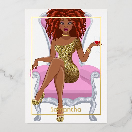 ピンクと金ゴールドドレッドロック誕生日パーティー 箔招待状 (正面)