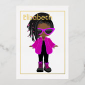 ピンクと金ゴールドネオンアフリカ系アメリカ誕生日 箔招待状 (正面)