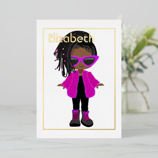 ピンクと金ゴールドネオンアフリカ系アメリカ誕生日 箔招待状 (立ち正面)