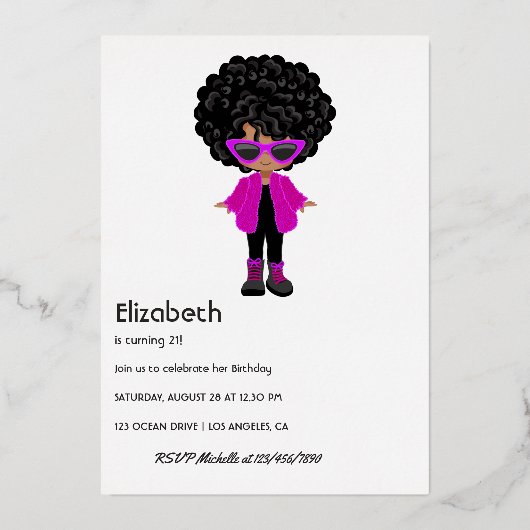 ピンクと金ゴールドネオンアフリカ系アメリカ誕生日 箔招待状 (裏面)