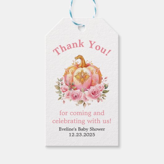 ピンクと金ゴールドハロウィンカボチャ赤ちゃんシャワー ギフトタグ (正面)