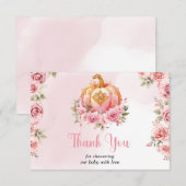 ピンクと金ゴールドハロウィンリトルカボチャ赤ちゃんシャワー サンキューカード (正面/裏面)