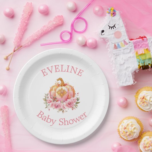 ピンクと金ゴールドハロウィンリトルカボチャ赤ちゃんシャワー ペーパープレート (パーティー)