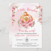 ピンクと金ゴールドハロウィンリトルカボチャ赤ちゃんシャワー 招待状 (正面/裏面)