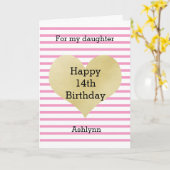 ピンクと金ゴールドハートハッピー14誕生日娘 カード (黄色い花)