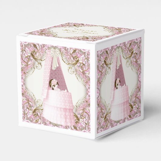 ピンクと金ゴールドバシネットベビーシャワー フェイバーボックス (正面サイド)
