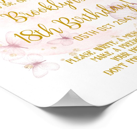 ピンクと金ゴールドバタフライタイムカプセル標識 ポスター (角)