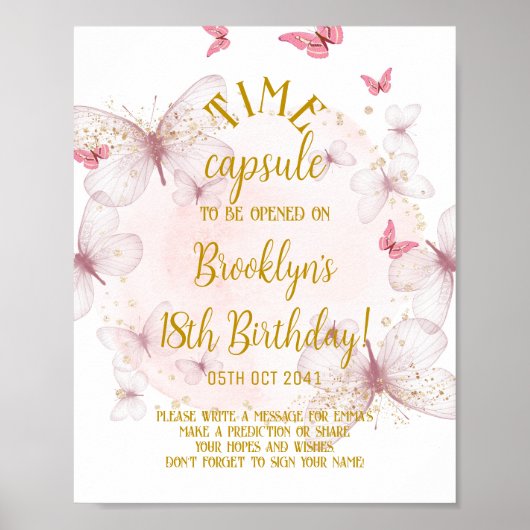 ピンクと金ゴールドバタフライタイムカプセル標識 ポスター (正面)