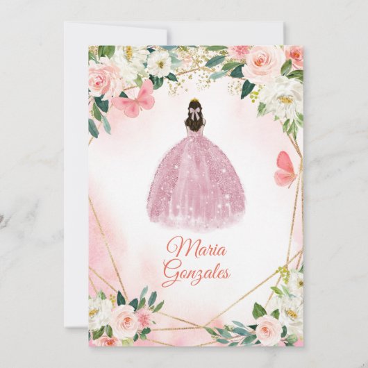 ピンクと金ゴールドバタフライチャラミンス 招待状 (裏面)