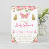 ピンクと金ゴールドバタフライフローラガールベビーシャワー 招待状 (スタンド正面)