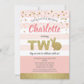 ピンクと金ゴールドバニーの2歳の誕生日の招待 招待状 (正面)