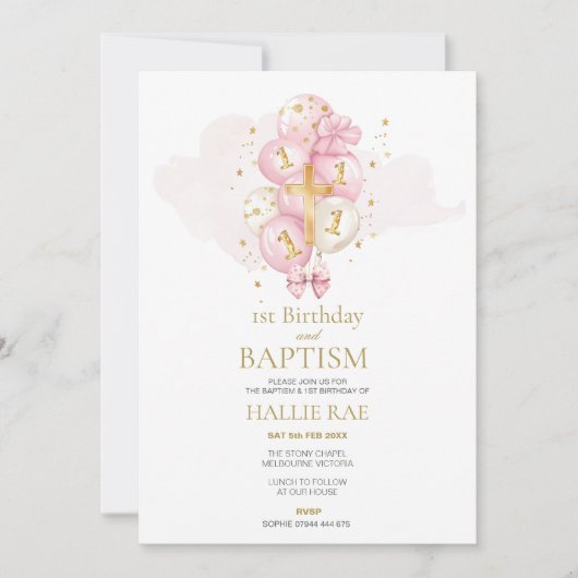 ピンクと金ゴールドバプテスマと誕生日招待状 招待状 (正面)
