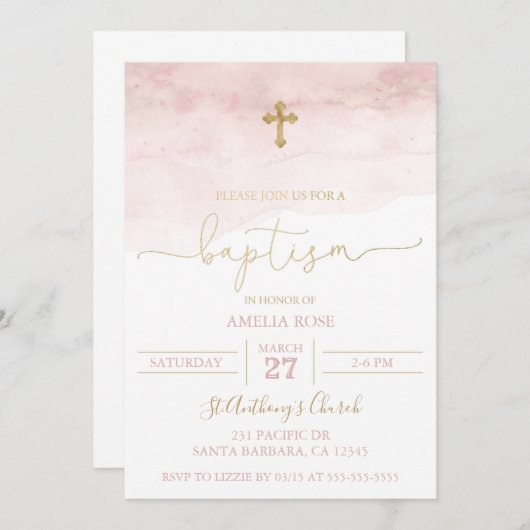 ピンクと金ゴールドバプテスマ招待状ベビーガール 招待状 (正面/裏面)
