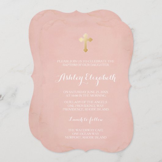 ピンクと金ゴールドバプテスマ招待状~フェイク金ゴールド 招待状 (正面/裏面)