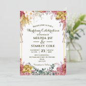 ピンクと金ゴールドバラユーカリフローラ結婚ズ 招待状 (スタンド正面)