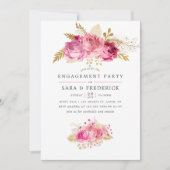 ピンクと金ゴールドバラ水彩婚約パーティ 招待状 (正面)