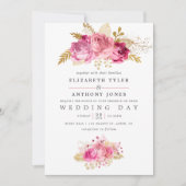 ピンクと金ゴールドバラ水彩結婚式招待状 招待状 (正面)